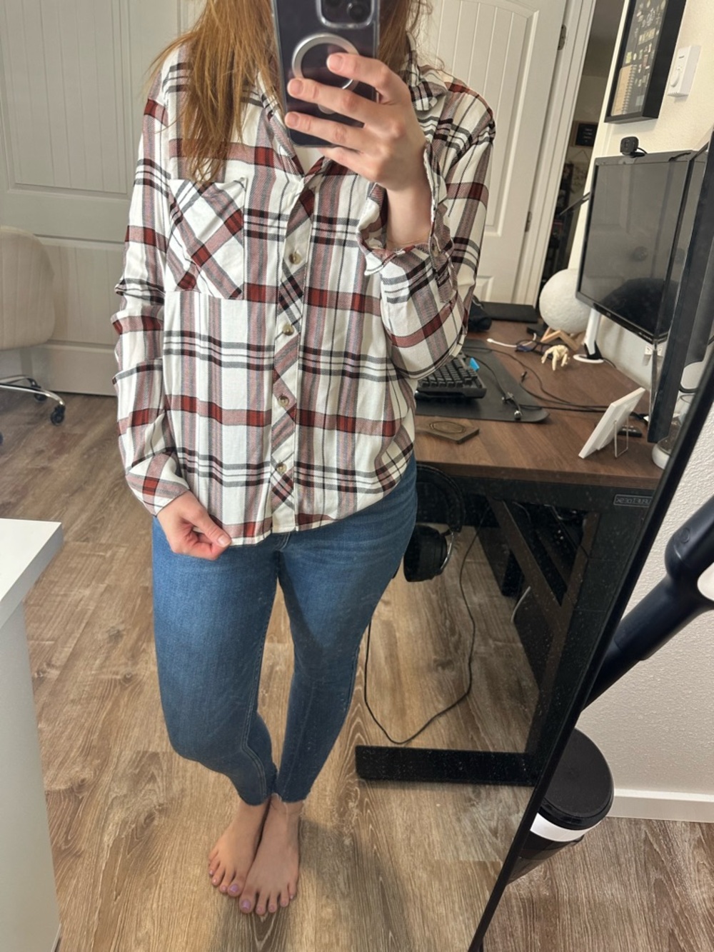 Cream and Brown Plaid Button-Up Shirt